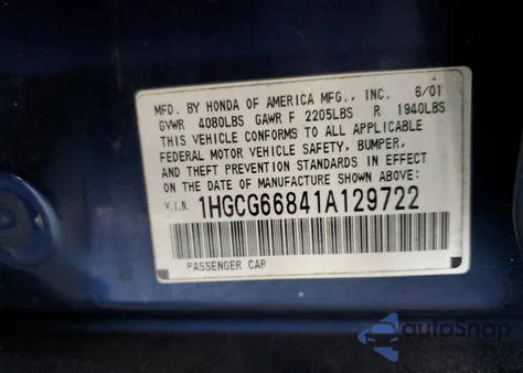 2001 Honda Accord Ex из США, поврежденный, VIN 1HGCG66841A129722